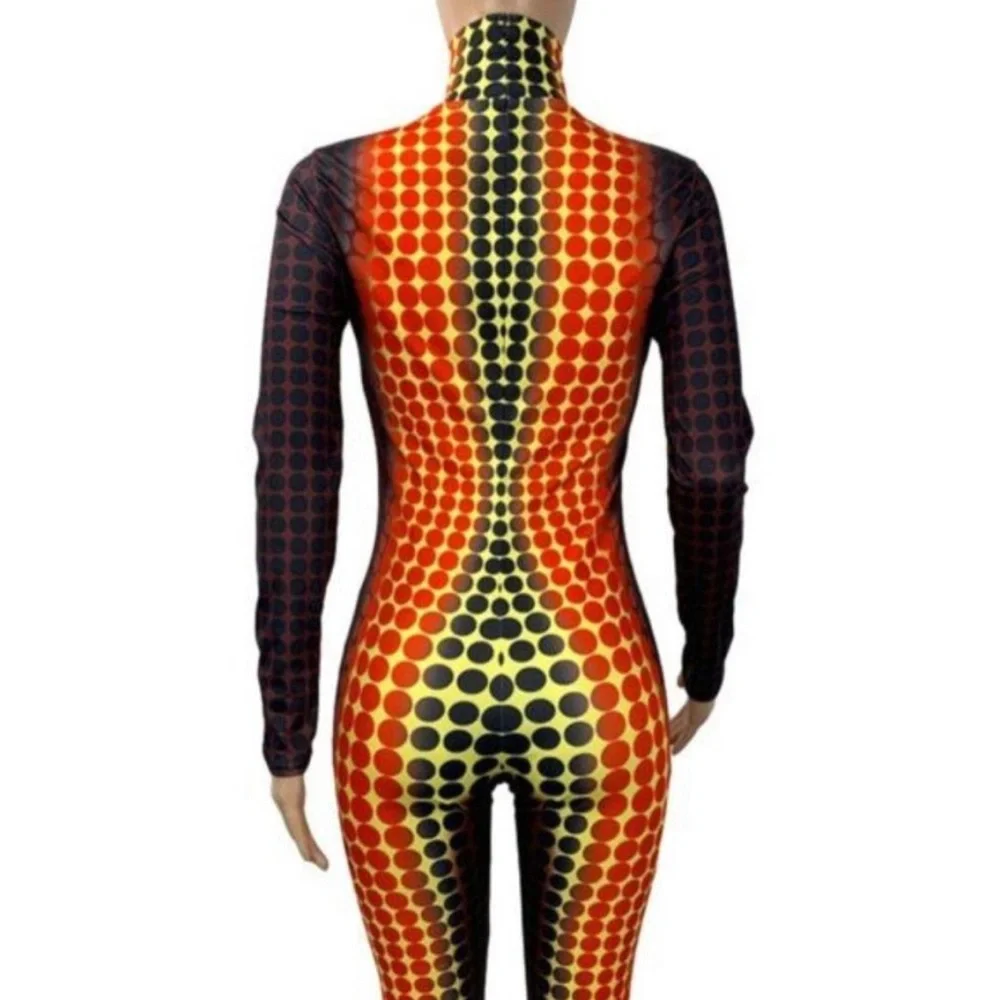 Polka-Dot Illusion Bodycon Zip Front Onesie Jumpsuit Catsuit - Picture 10 of 11